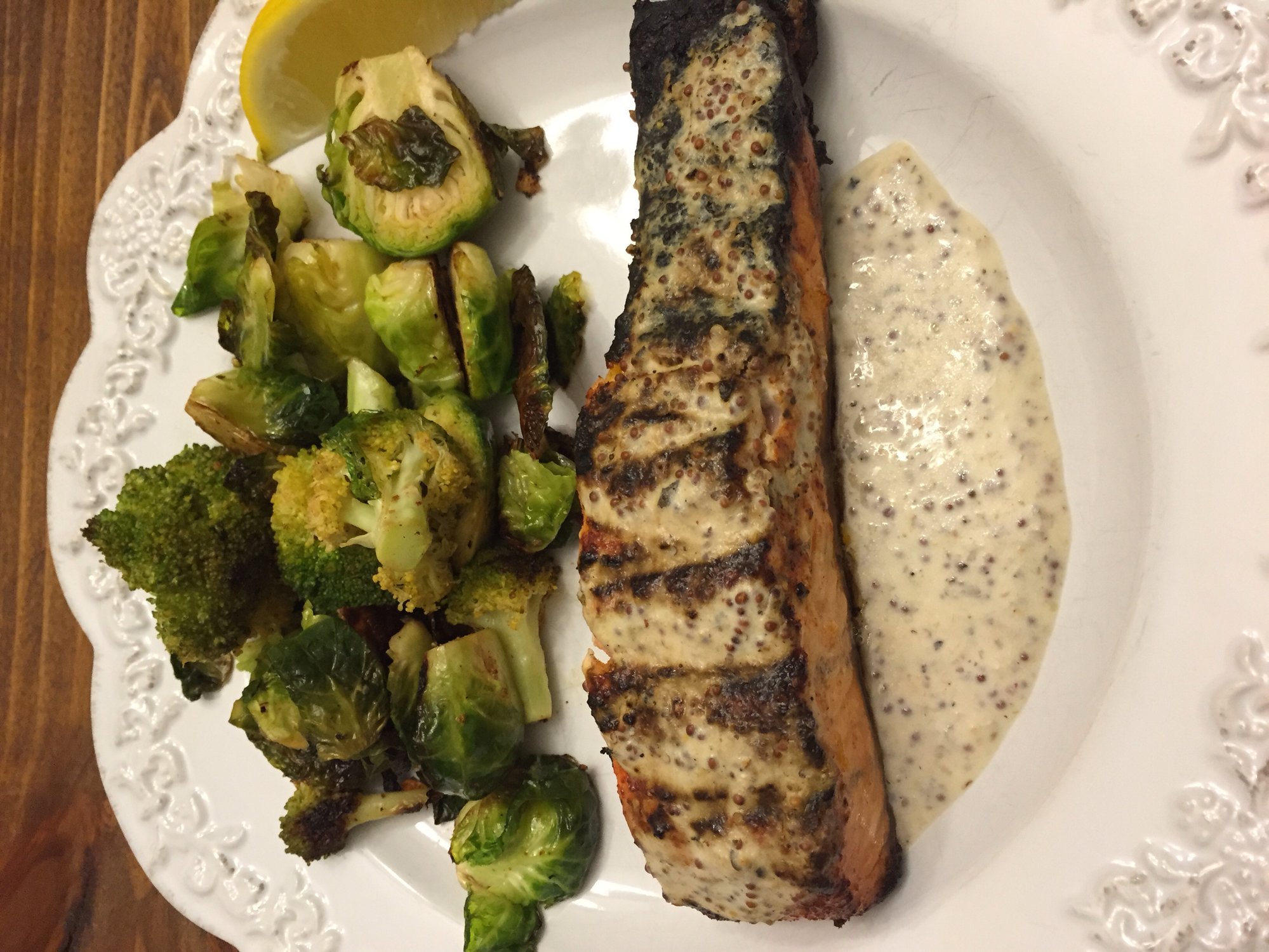 Salmon with horseradish/mustard yogurt sauce and Brussels sprouts — Big