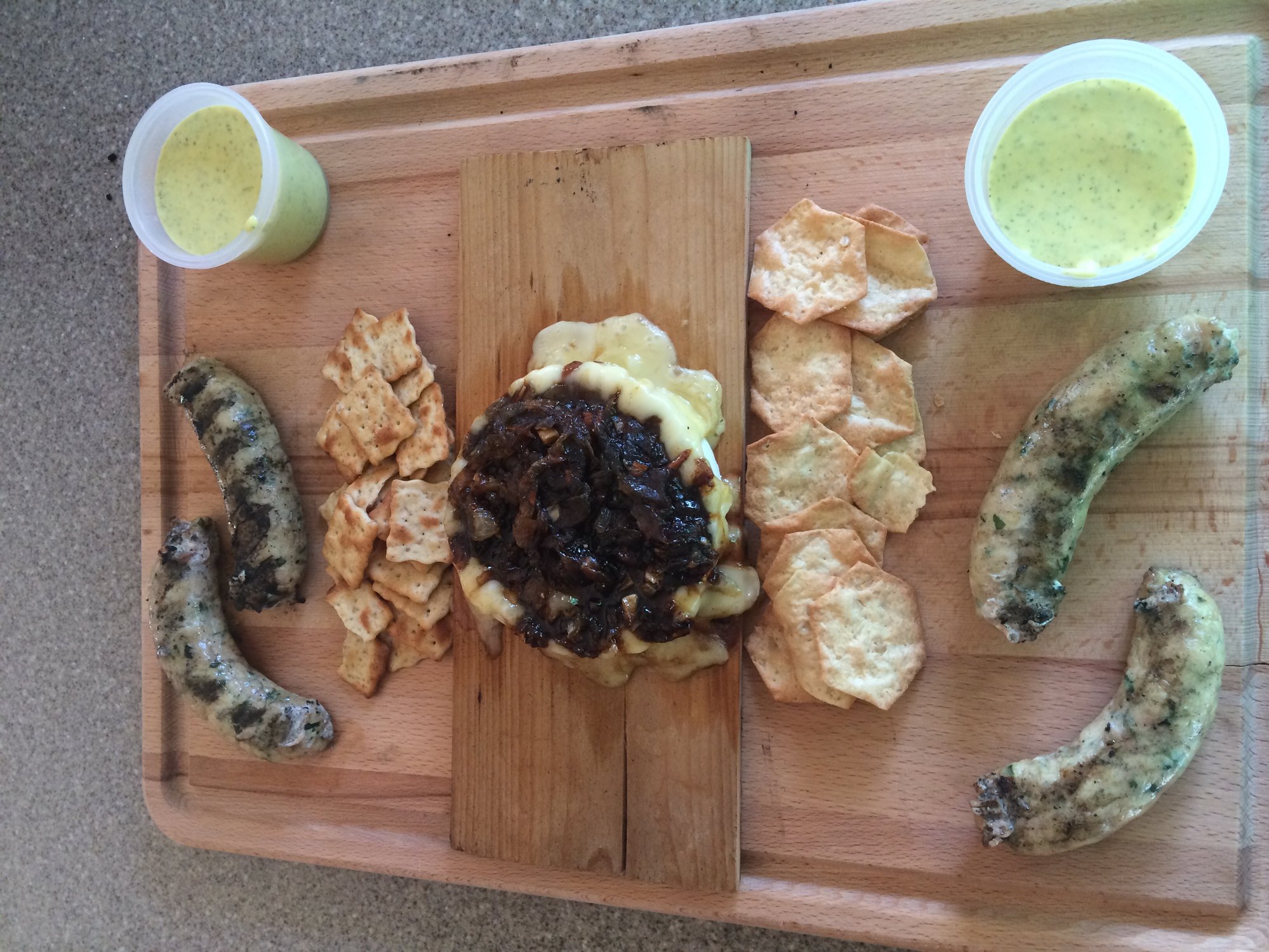 Cedar planked Brie, Greek chicken sausage — Big Green Egg Forum
