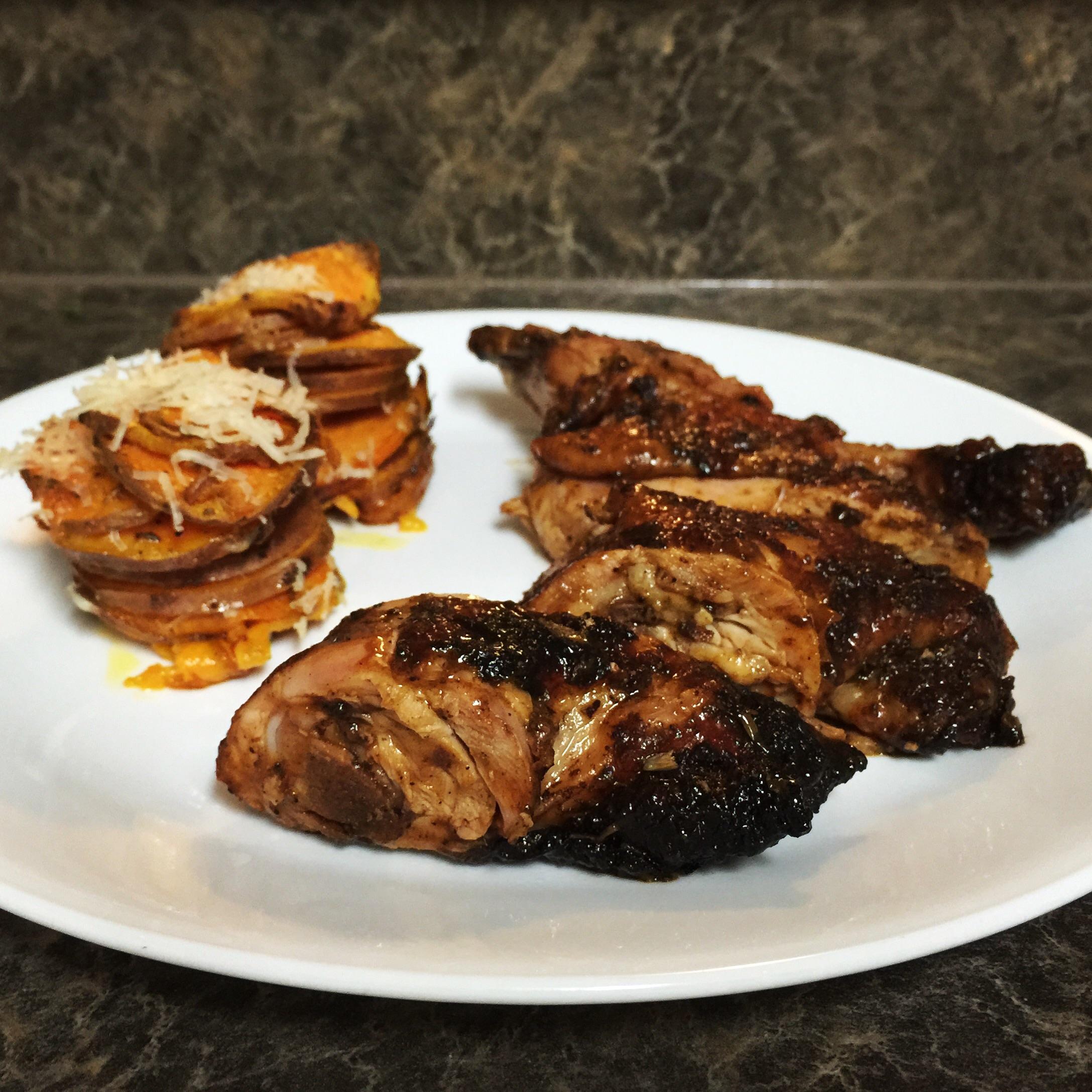Street Style Jerk Chicken and Sweet Potato Stackers — Big Green Egg Forum