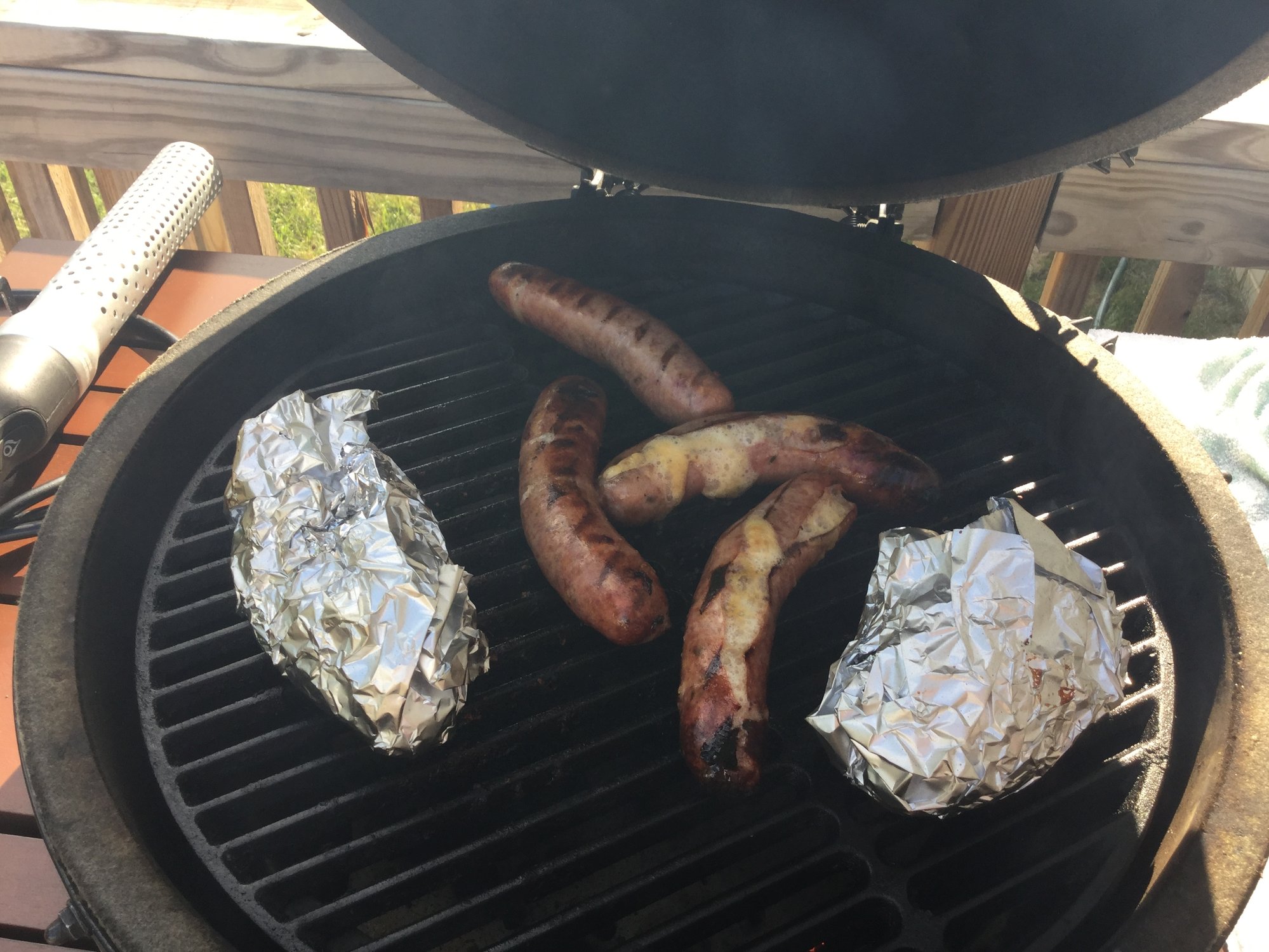 Cooking Brats, with Jalapeño, cheddar cheese, Baked Patato's — Big
