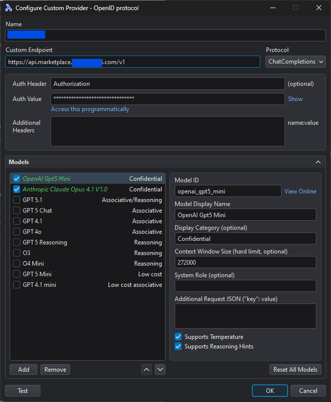 Custom OpenAI provider configuration