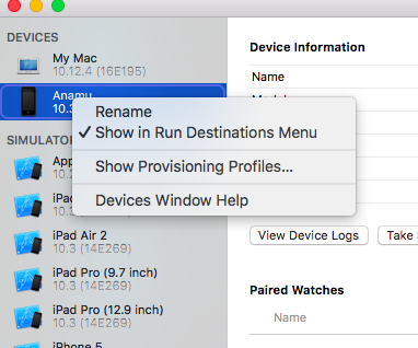 Xcode Windows Devices