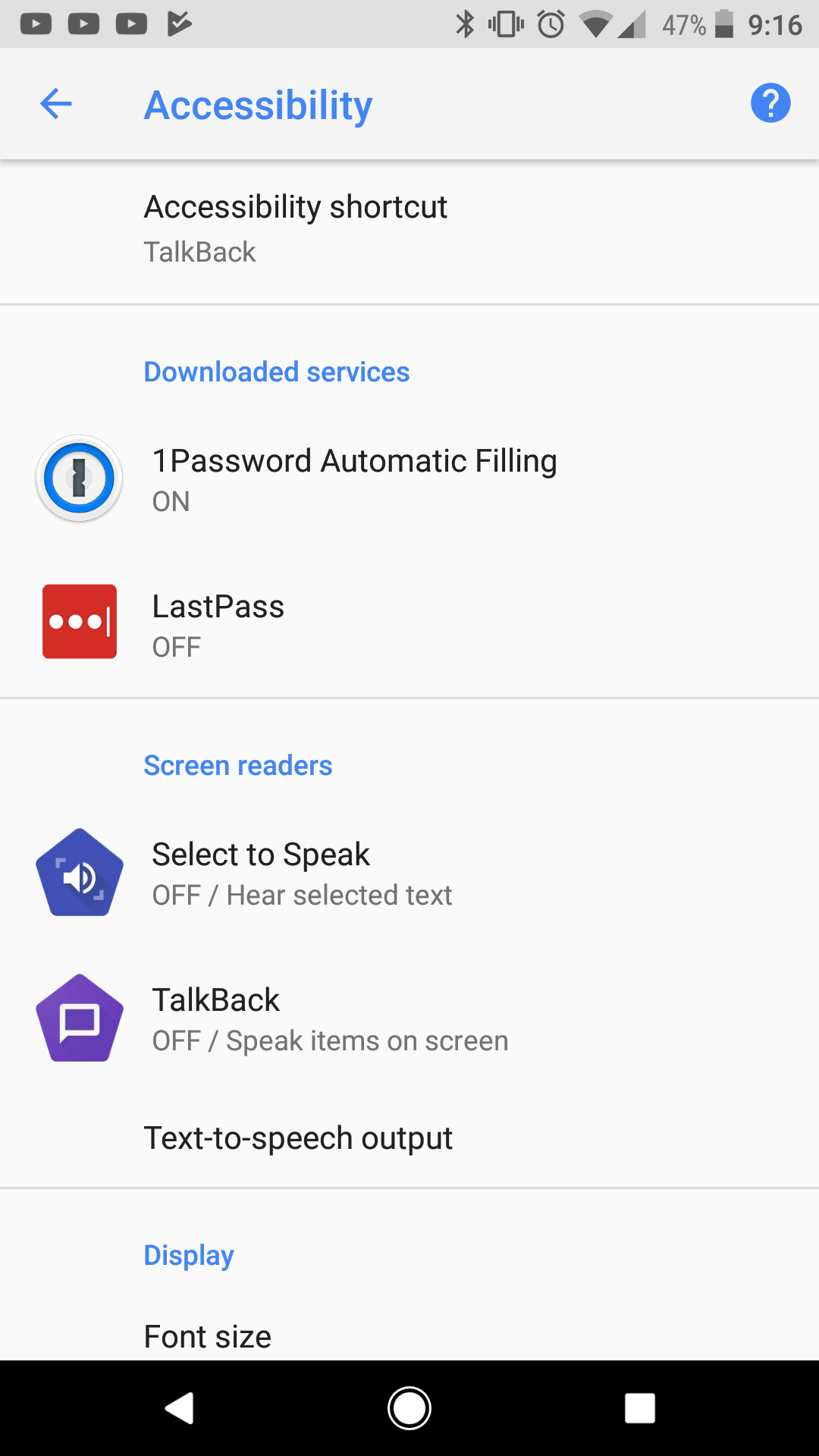 Accessibility services page with 1password enabled