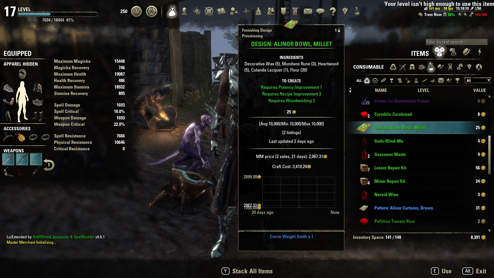 Cannot learn Alinor furniture recipes — Elder Scrolls Online
