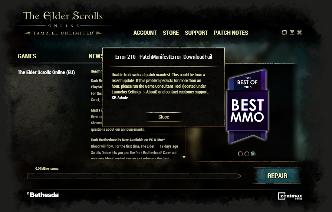Error - Patch manifest error download fail :: The Elder Scrolls Online English eso patch manifest error fail