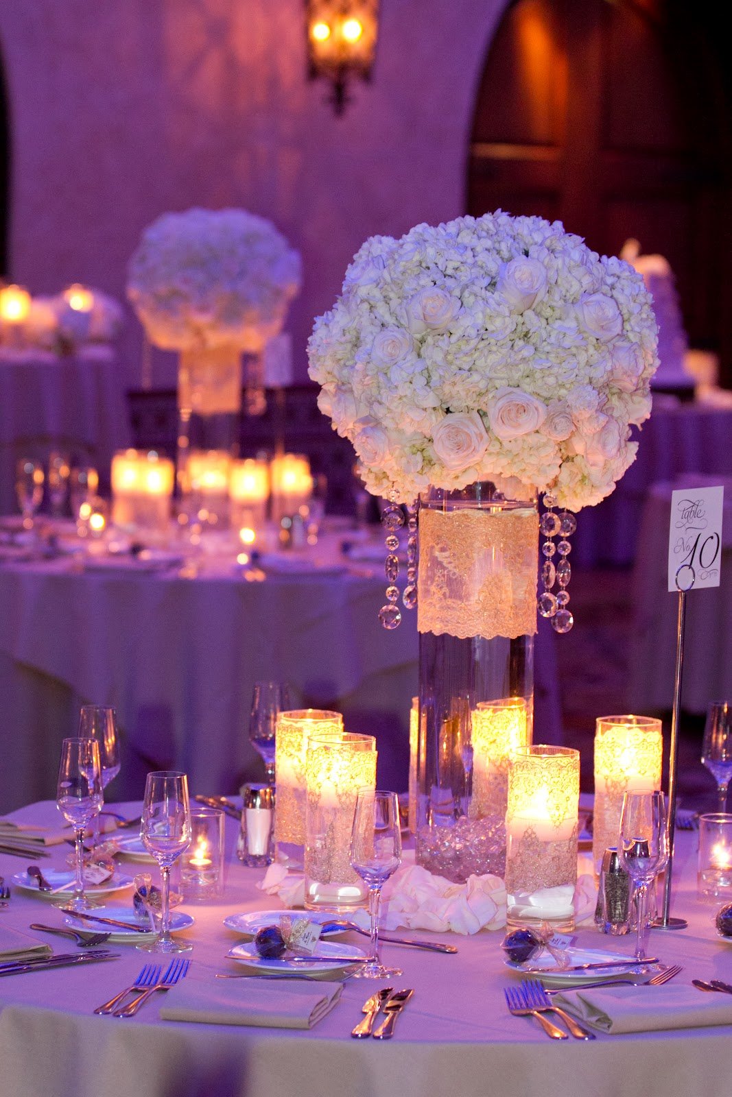 Show Me Your Centerpieces The Knot White Centerpieces With Crystals Gold Lace Jpg