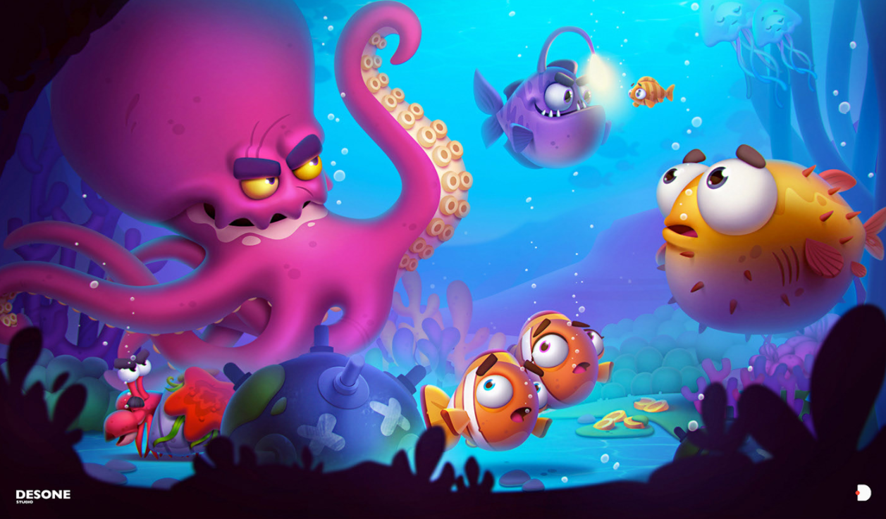 Create a cute, 3D digital art suitable as a website background. The design  should feature a cute, fluffy squid mascot engaged in mobile gaming,  incorporating elements of video games. The image should