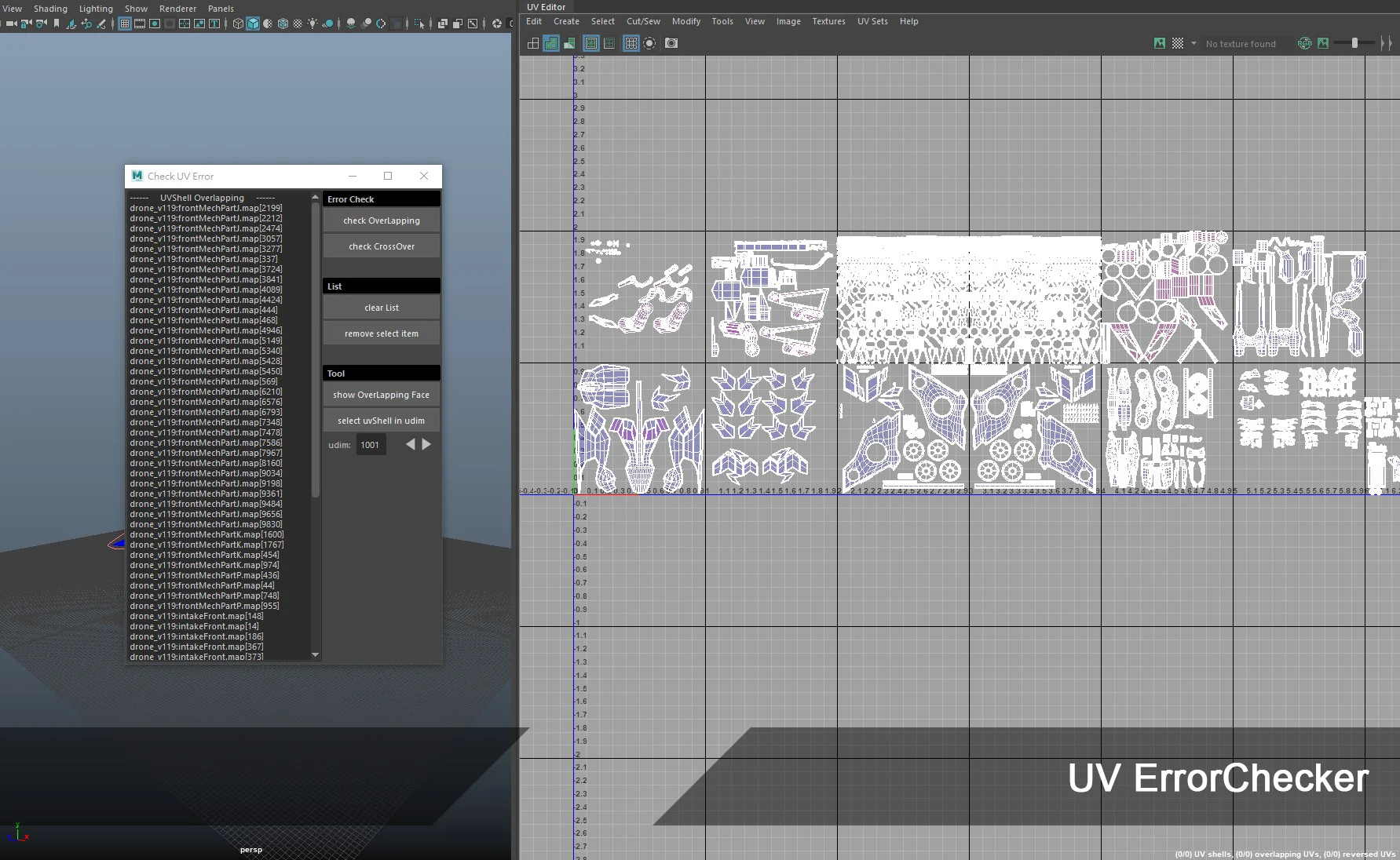 uvErrorChecker for maya - detect overlapped UVs and UVshell