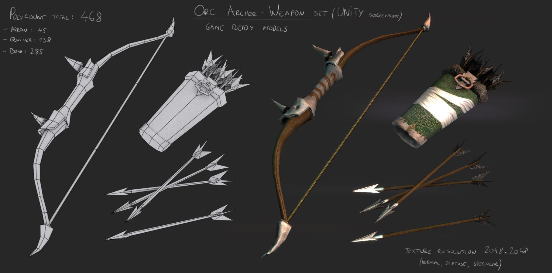 Orc Archer Weapon set low poly polycount