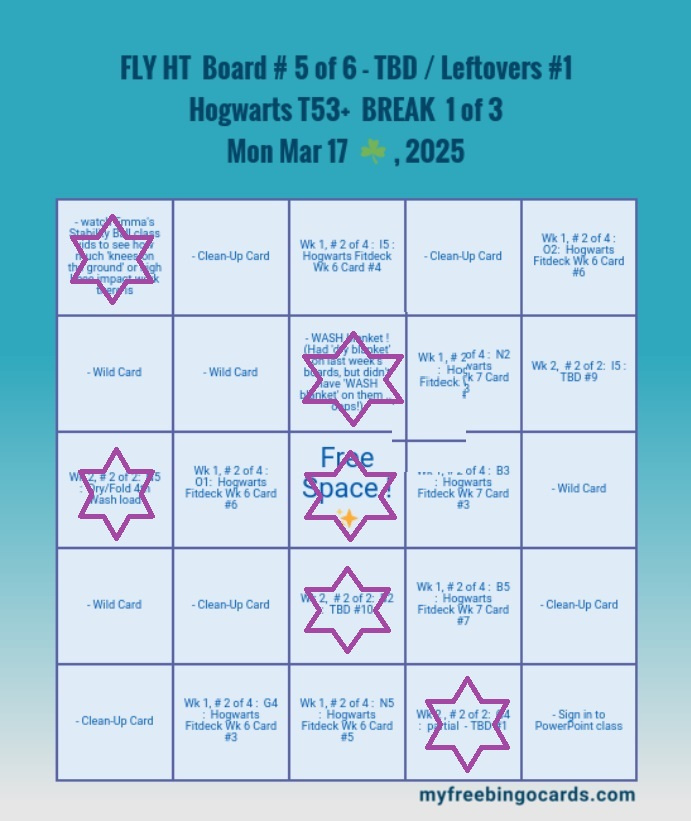 Bingo Fly High Together 03 17 25 Weekly Focus Bingo! e Board #5 of 6 - TBD & Leftovers #1, e3, cropped, and checking off done tasks.jpg