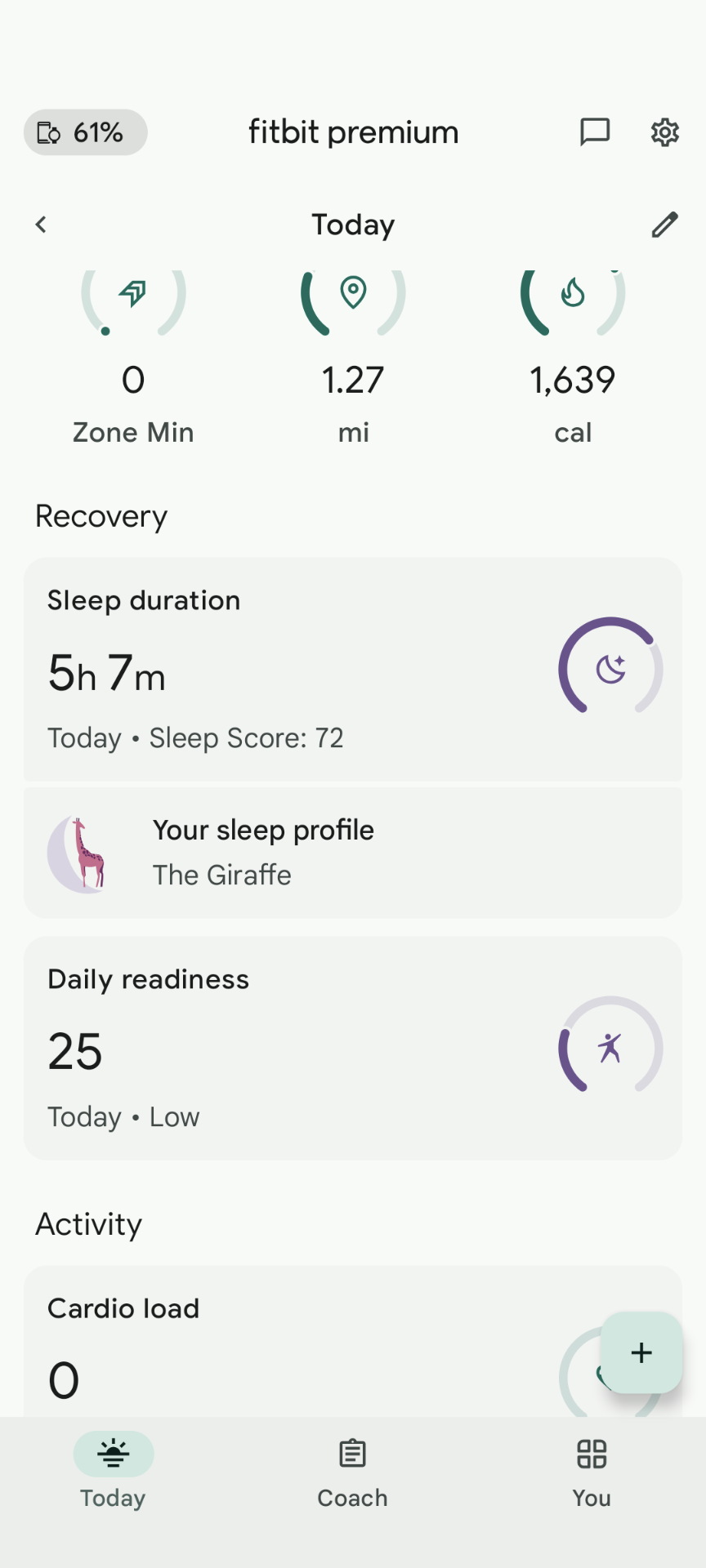 Fitbit Data 03 22 25 Today Page - Recovery, no cardio load target.png