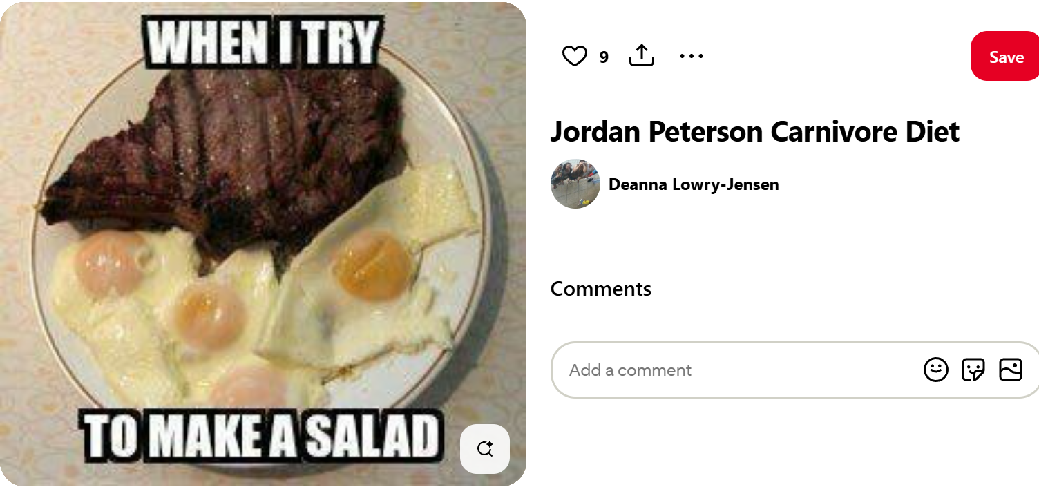 Fitness Memes & Motivation 06 02 25 When I Try to Make a Salad, Jordan Peterson Carnivore Diet, Steak and 4 eggs on a plate, for Jennywren, from pinterest dot com.png
