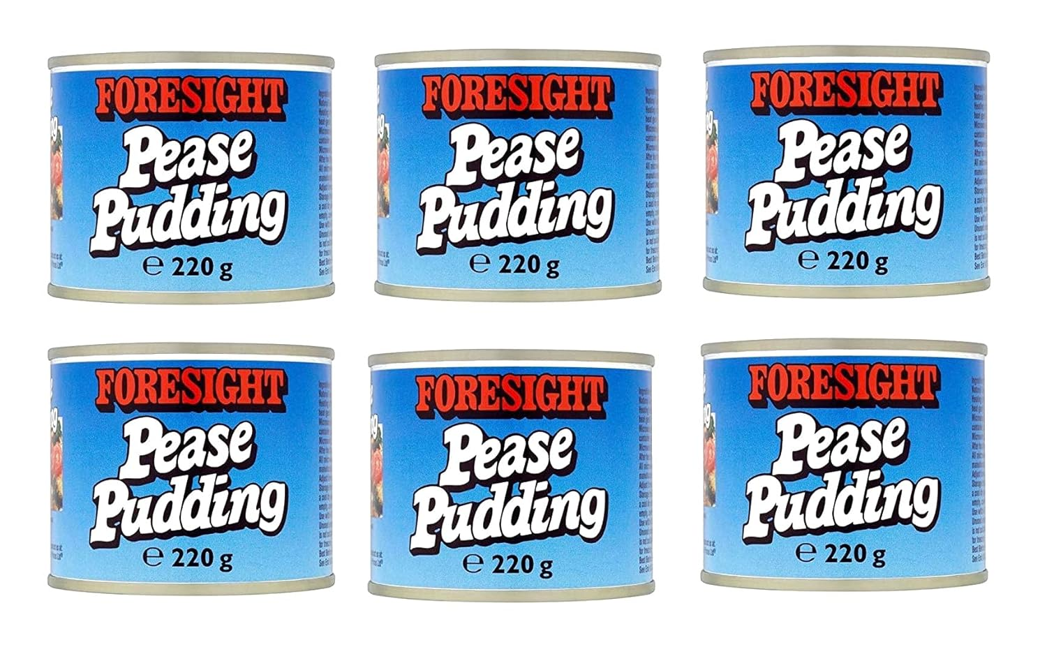 Six small tins of Foresight brand Pease Pudding