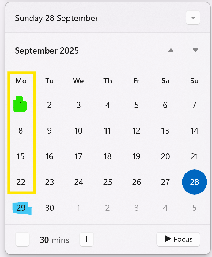 A screenshot of a calendar showing September. The 1st September is highlighted in green. There is a yellow box highlighting the first four weeks in September. The last Monday in September is highlighted blue.