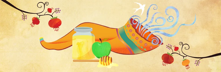 A lovely drawing of an orange shofar, with honey pots and red apples in the background