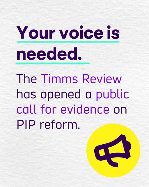 A white paper background with text: 'Your voice is needed. The Timms Review has opened a public call for evidence on PIP reform.' There is a yellow icon with a purple megaphone at the bottom.