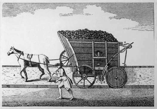 A horse-drawn coal wagon on rails.