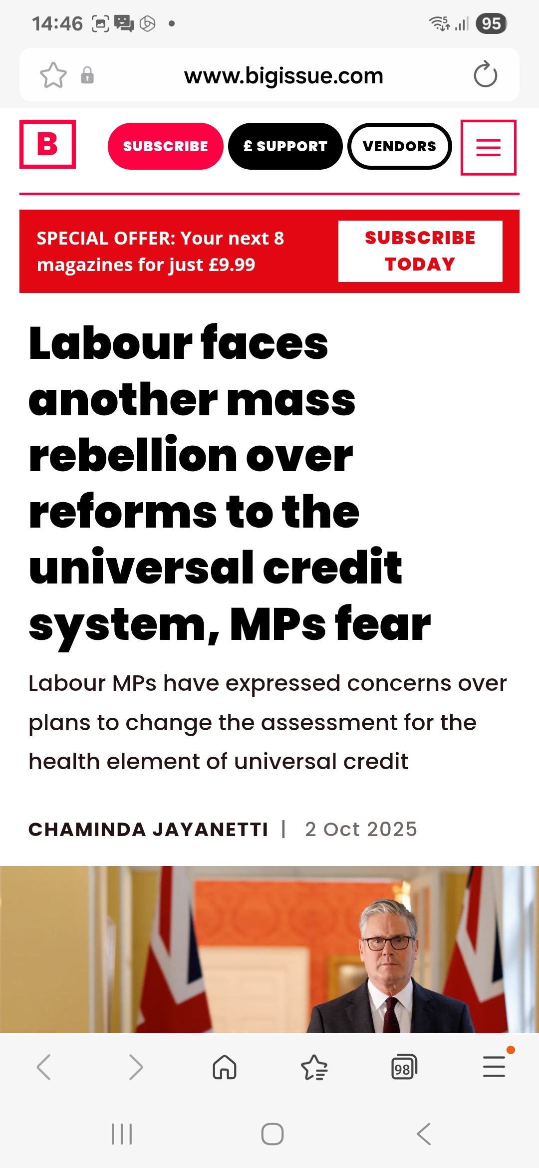Text is a headline from Big Issue: Labour faces another mass rebellion on universal credit reforms