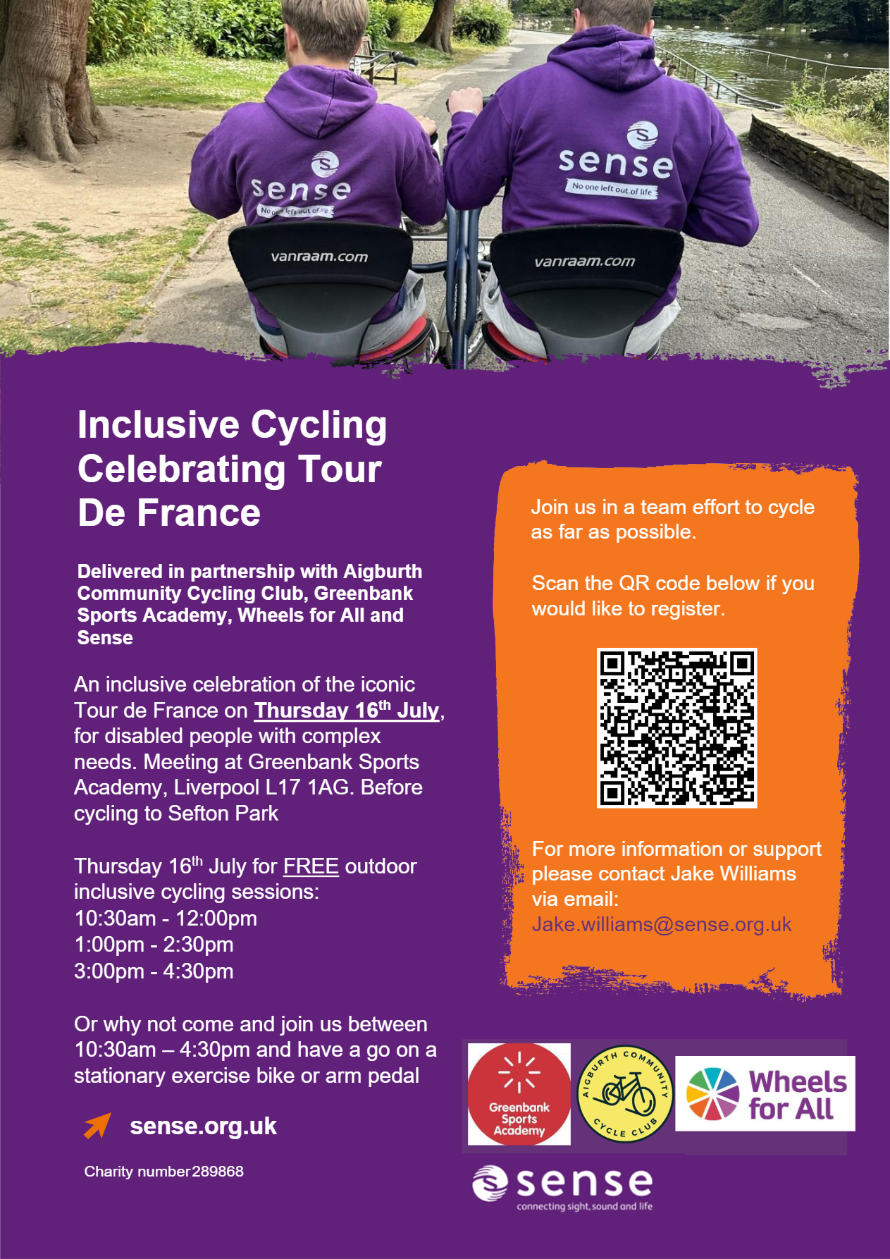 A poster advertising the cycling sessions. A picture shows two wheelchair users using an inclusive bike together and wearing purple hoodies with the Sense charity logo on them. Text is the same as written below the image.