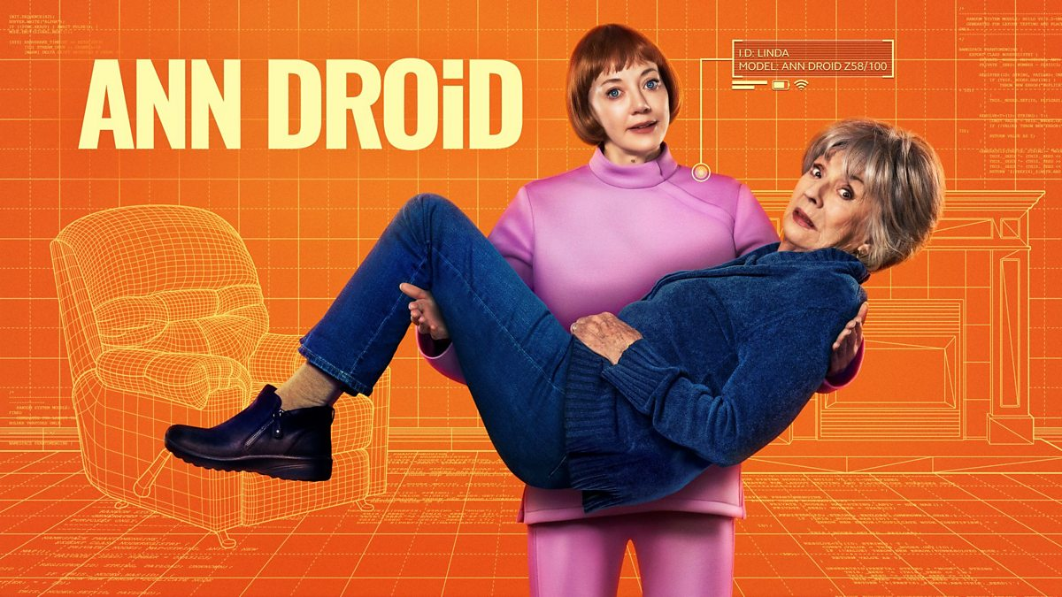 Promotional image for "ANN DROID" showing an android woman in a pink suit effortlessly carrying an elderly woman in blue sweater and jeans against a bright orange blueprint background.