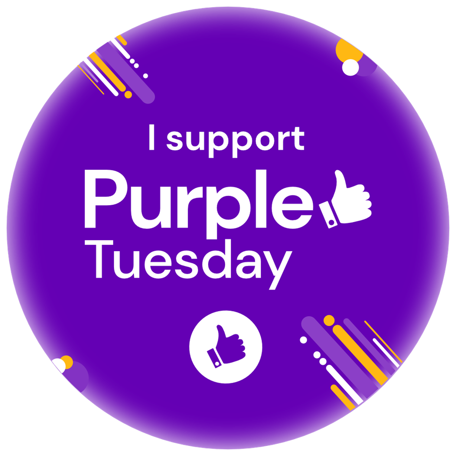 Title: I support purple Tuesday written in white on a purple circular background. A white thumbs up is also depicted.