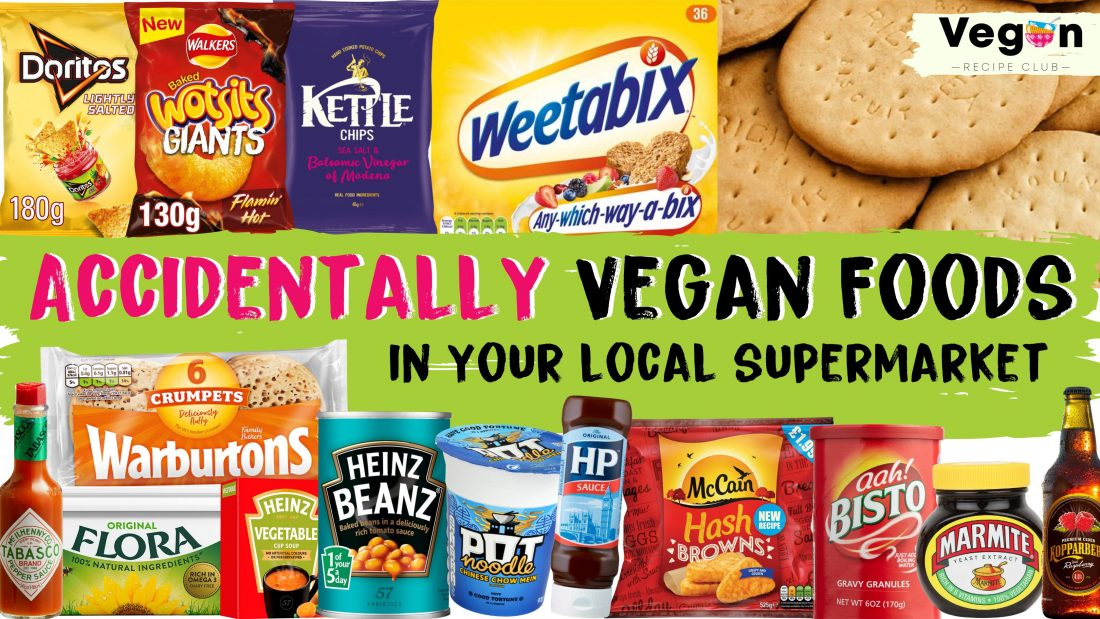 A photo that says accidentally vegan foods in pink. the foods are marmite, bisto gravy, rich tea biscuits, weetabix, bread, crumpets, pot noodles