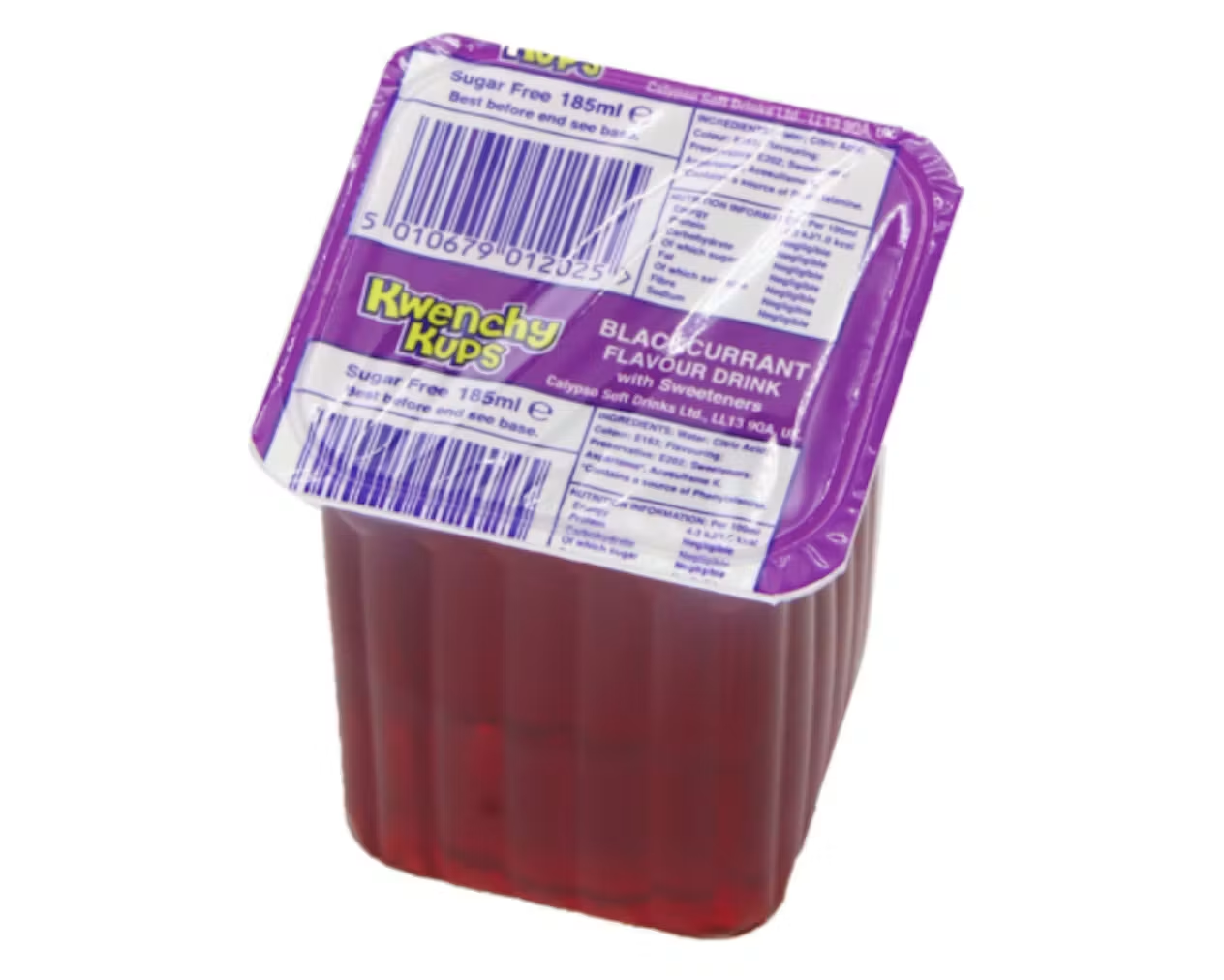 Image shows a blackcurrant flavour 'kwenchy cup'. A square plastic cup with a thin plastic lid that you had to pierce with a straw to drink from
