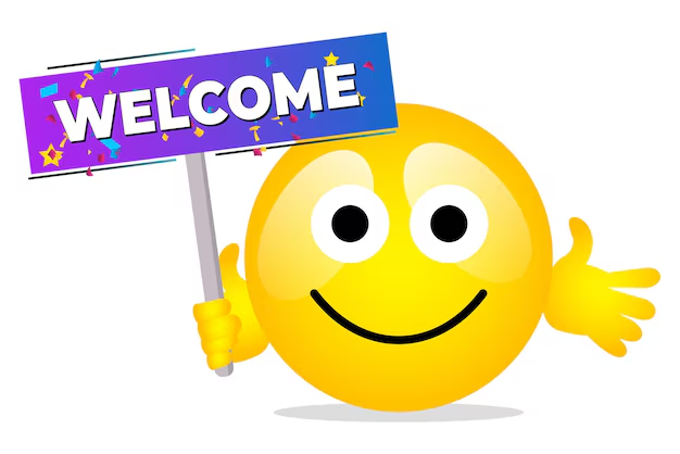 Smiling yellow emoticon holding a purple sign which say's "welcome".
