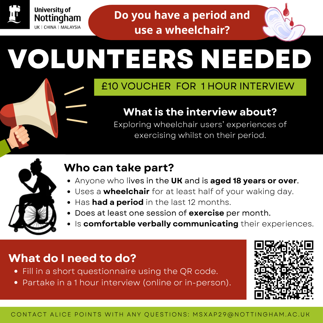 Recruitment poster from the University of Nottingham seeking UK-based wheelchair users aged 18 and over who have had a period in the last 12 months and exercise at least once a month. Participants are invited to complete a short questionnaire and a one-hour interview about experiences of exercising whilst on their period. A £10 voucher is offered as a thank you.