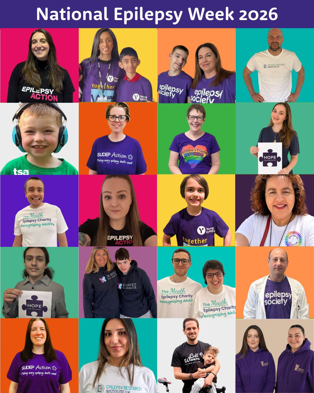 Poster with lots of people wearing t-shirts supporting epilepsy charities