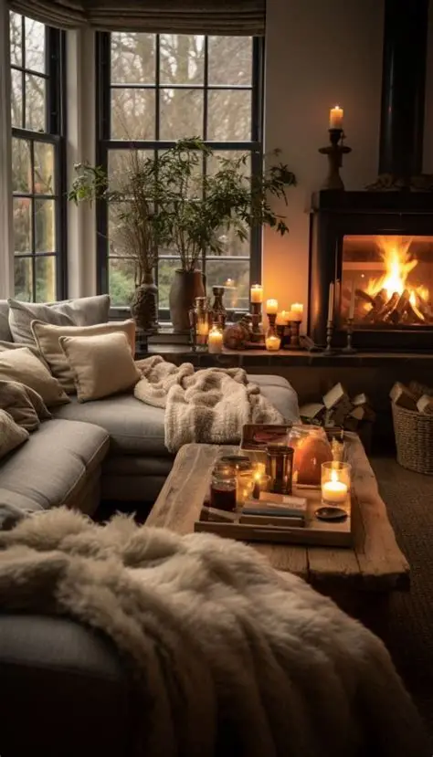 A cozy winter front room with a fire burning, candles and a sofa with blankets.