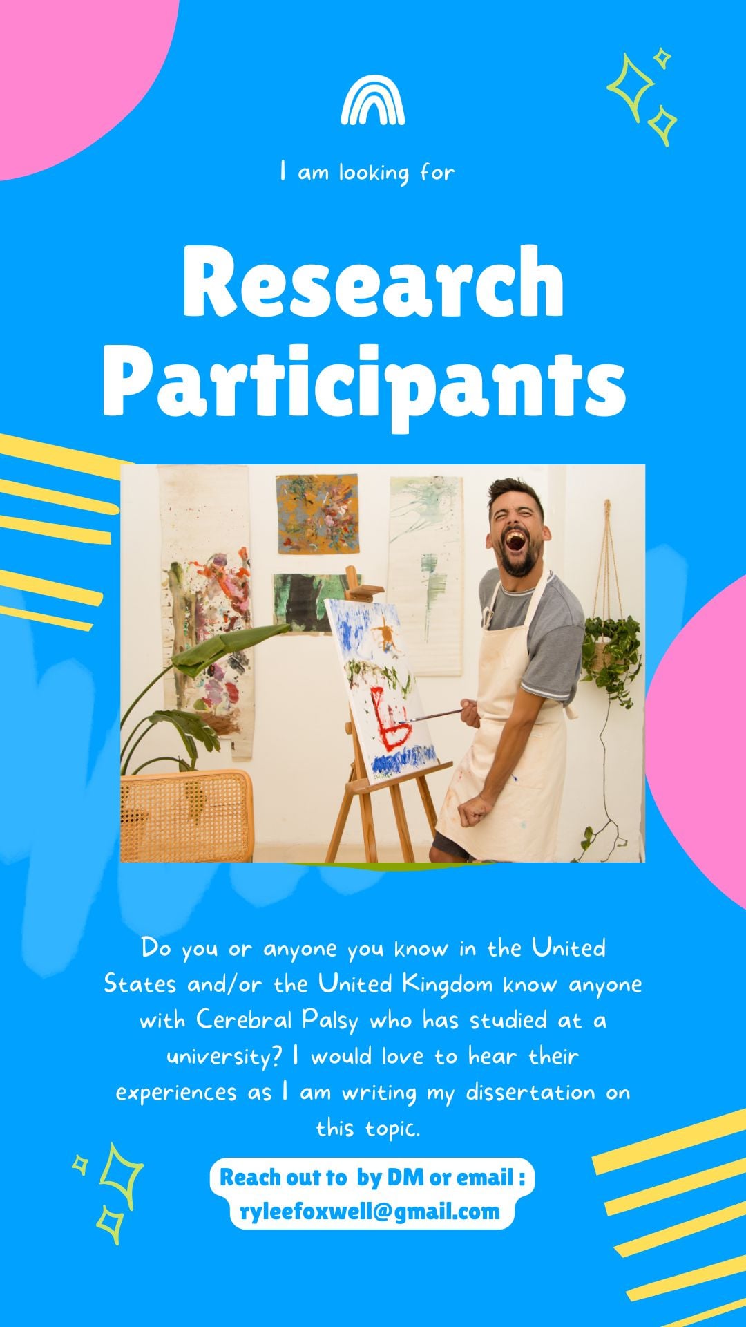 Poster with blue background saying “Research Participants”. It asks for people with cerebral palsy who have studied at university (UK or US) to share their experiences for a postgraduate dissertation. Contact email: ryleefoxwell@gmail.com. Image shows a person painting at an easel.