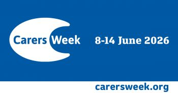 A horizontal promotional banner for Carers Week on a solid blue background. On the left, a large white crescent-like abstract shape contains the text "Carers Week" in a bold blue font. To the right, the dates "8-14 June 2026" are written in bold white text. A thin white bar runs along the very bottom of the banner, featuring the website address "carersweek.org" in blue text on the right side.