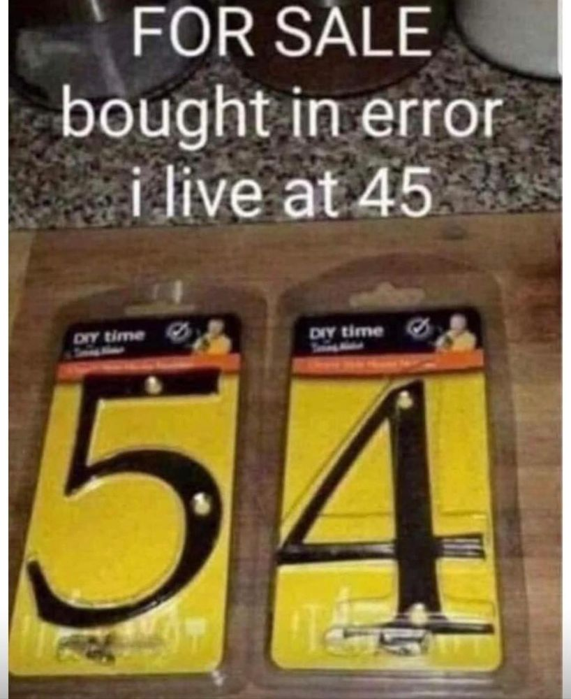 A social media post by SwiftFox showing two packaged house numbers, 5 and 4, on a table. Text above reads: "FOR SALE bought in error i live at 45."