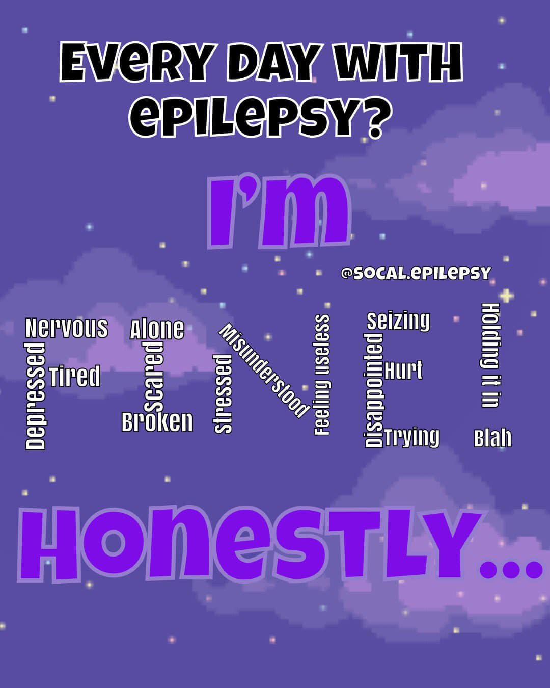 A poster with a purple background describing feelings associated with living with epilepsy.