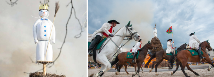A photo of a large snowman figure with a crown and brown horses running round a fire.