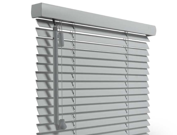 A picture of grey horizontal blinds.