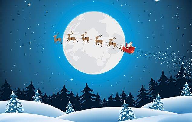 a landscape photo of a dark winters night with a big moon and santa riding his sleigh