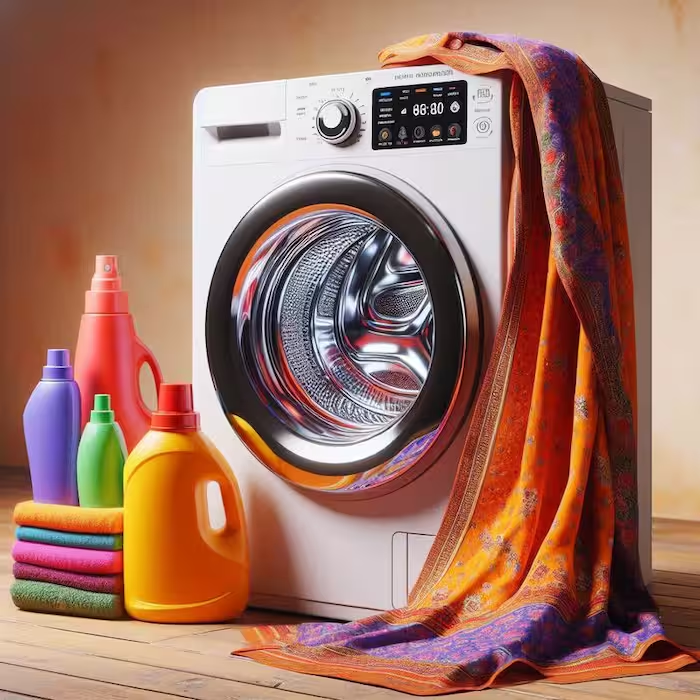 A white washing machine with a colourful blanket and some colourful detergent bottles.
