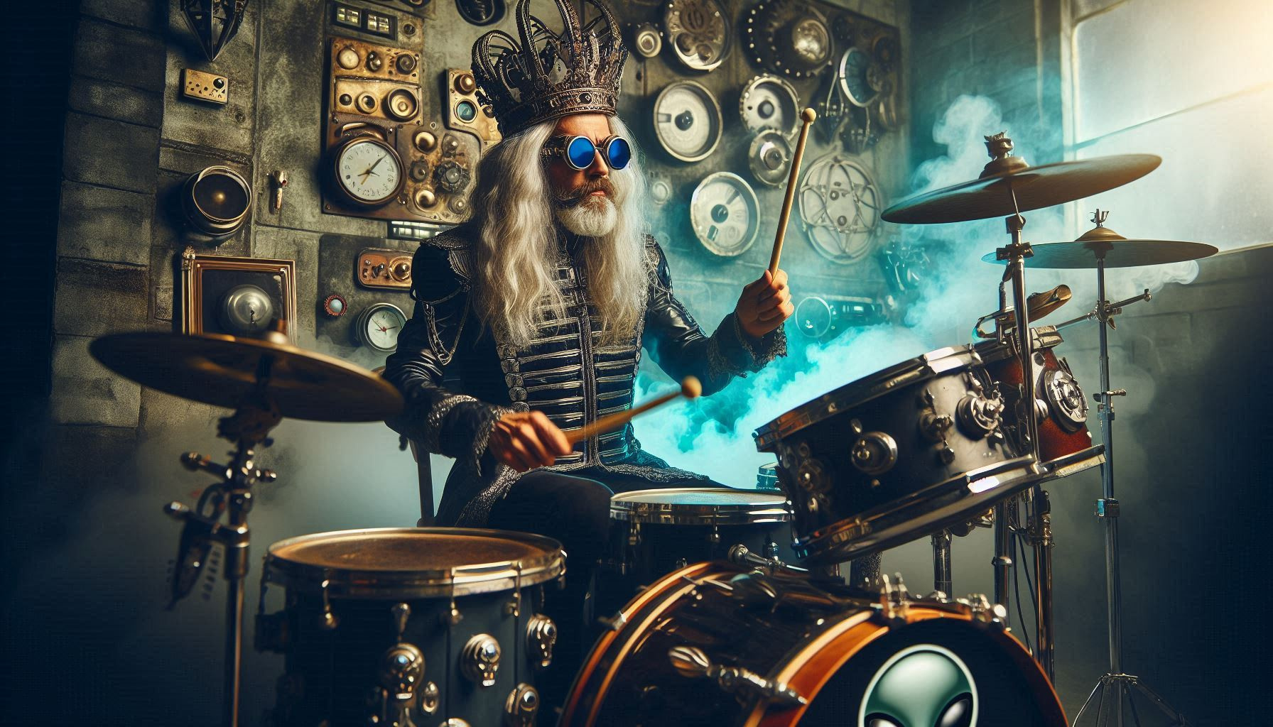 a man with long white hair in a steam punk king outfit, is playing the alien drum kit very quickly, .jpeg