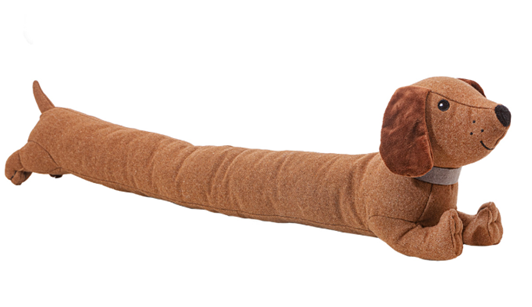 A long brown dog door stop.