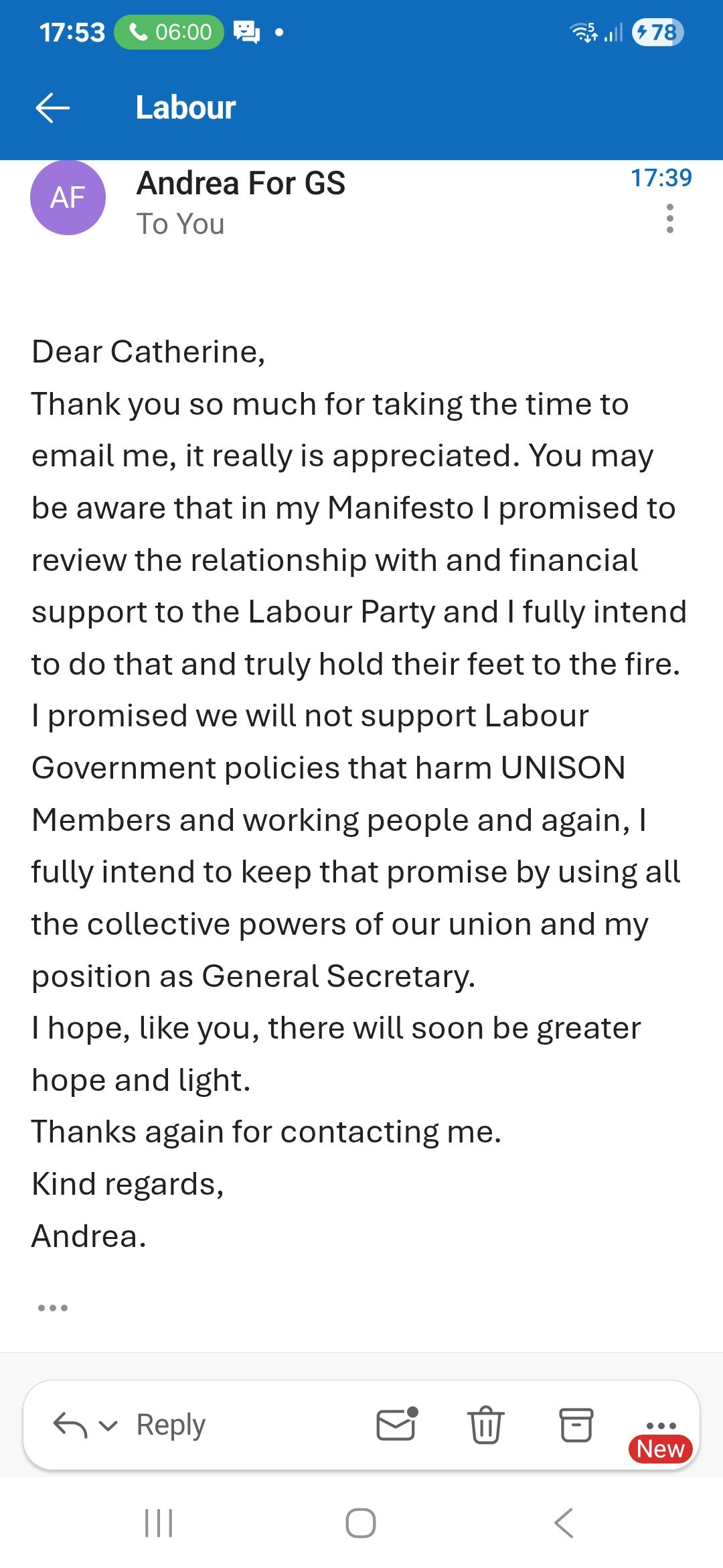 A screenshot of an email from the head of Union. Text will be shared in a comment below the main discussion.