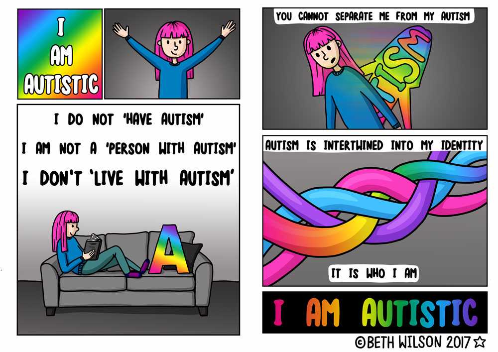 comic book style illustrations featuring an illustrated girl with pink hair and reading I am autistic autism is intertwined into my identity it is who I am I am autistic