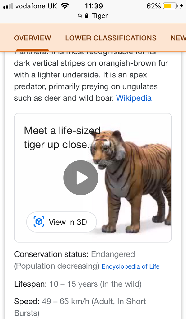 A screenshot of a Google search with the Google AR View in 3D option visible