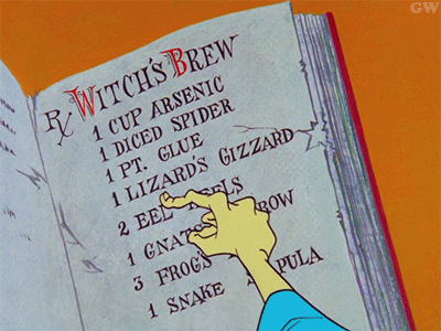 A listof witches brew ingredients including diced spider and Lizards gizzards