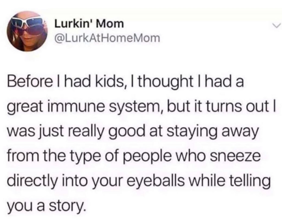 before I had kids I thought I had a great immune system but it turns out I was just really good at staying away from the type of people who sneeze directly into your eyeballs while telling you a story