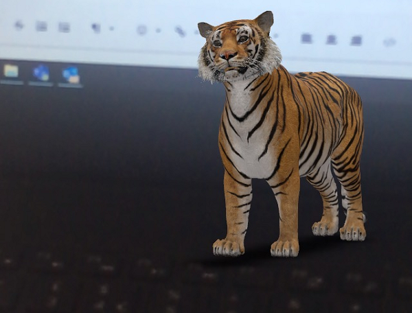 A picture of a tiger projected through augmented reality onto a laptop keyboard