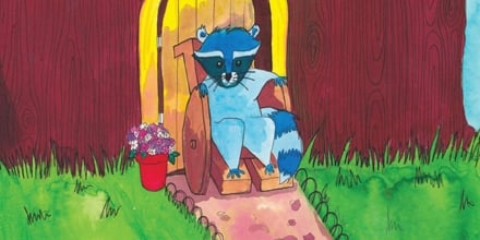 Picture of a blue cartoon raccoon in a wheelchair in front of a door