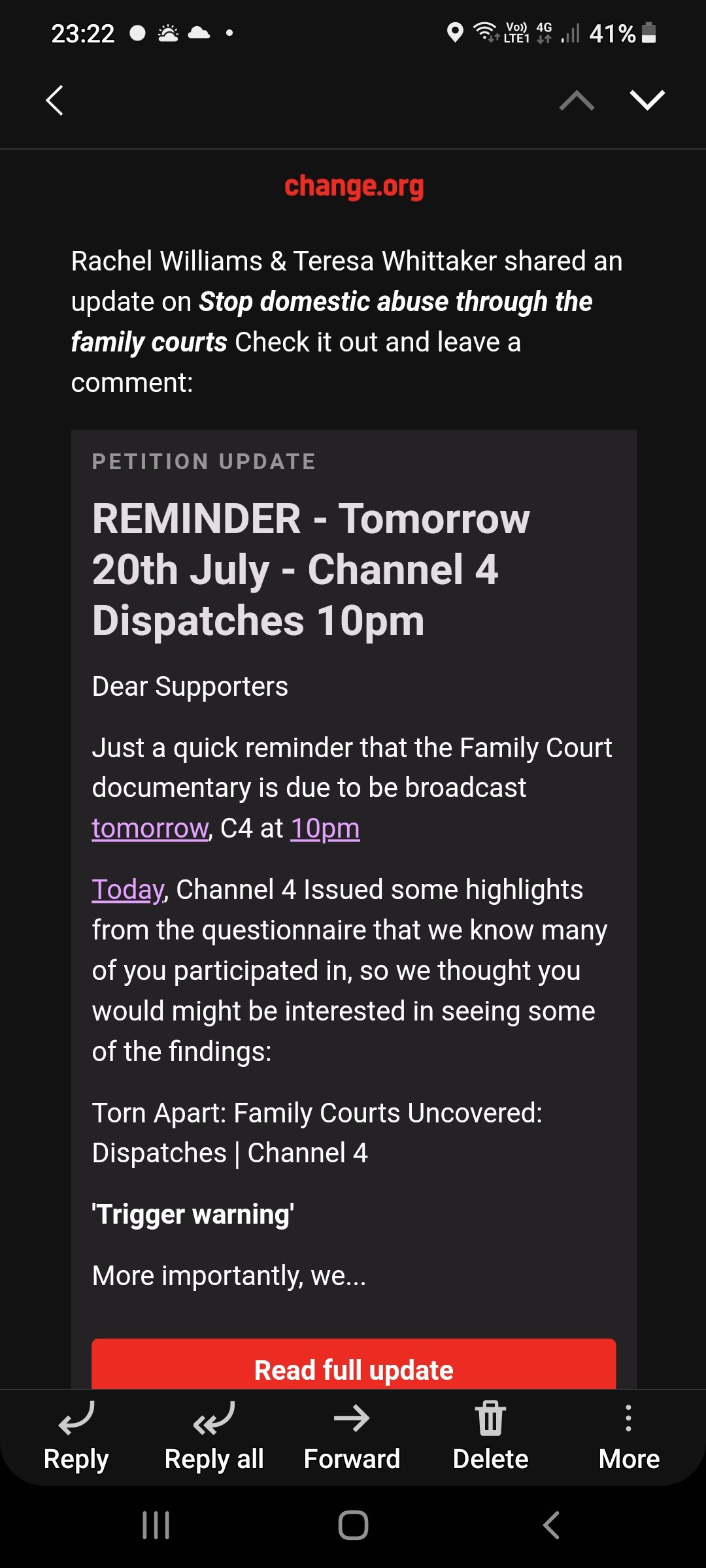 screenshot of a reminder for a channel 4 dispatches programme on family courts which will be shown at 10pm on 20 July 2021