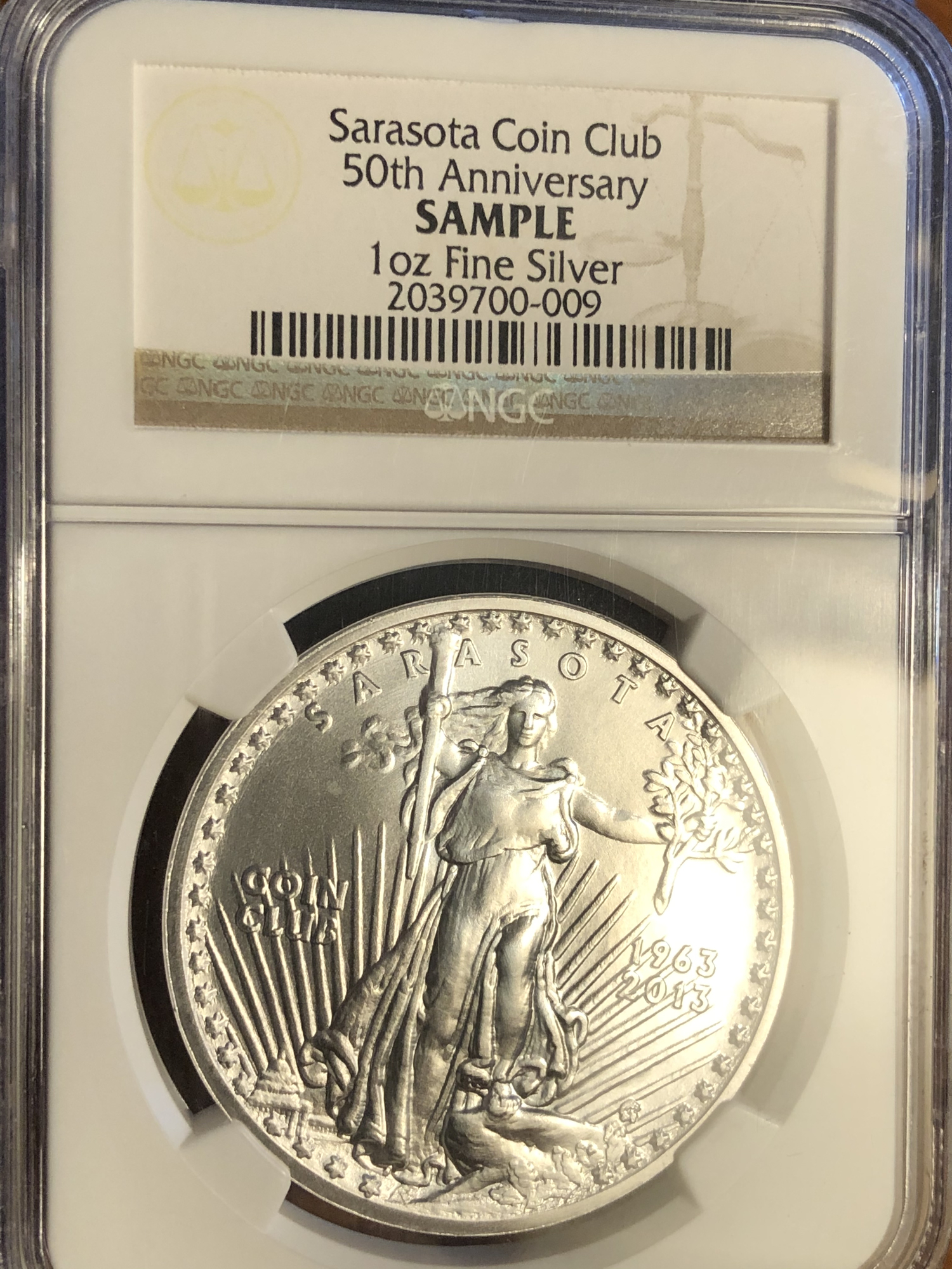 Sarasota coin club 50th anniversary sample slab — Collectors Universe